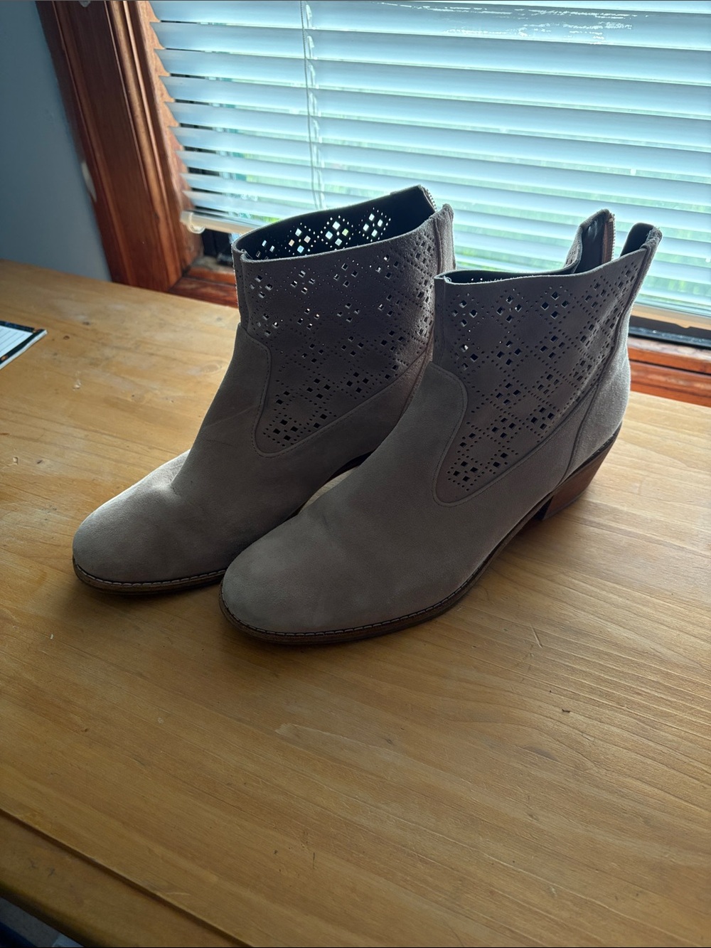 Cole Haan Jayne Taupe Suede Laser-Cut Ankle Booties